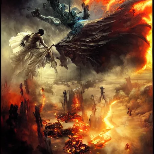 Prompt: the final battle between heaven and hell by raymond swanland, highly detailed