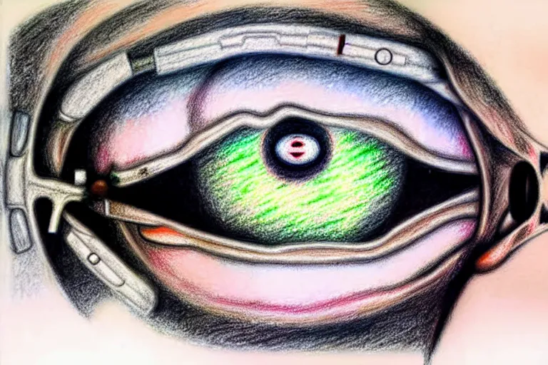 Image similar to a pastel drawing of horrific depiction of eye surgery, eyes of a person.