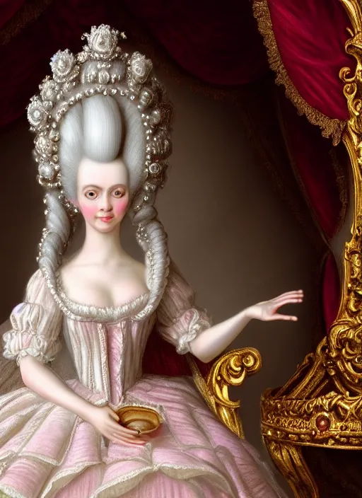 Image similar to highly detailed closeup, simple hand gestures, straight fingers, portrait of marie antoinette wearing a crown and sitting on a throne eating cakes, unreal engine, nicoletta ceccoli, mark ryden, earl norem, lostfish, global illumination, god rays, detailed and intricate environment