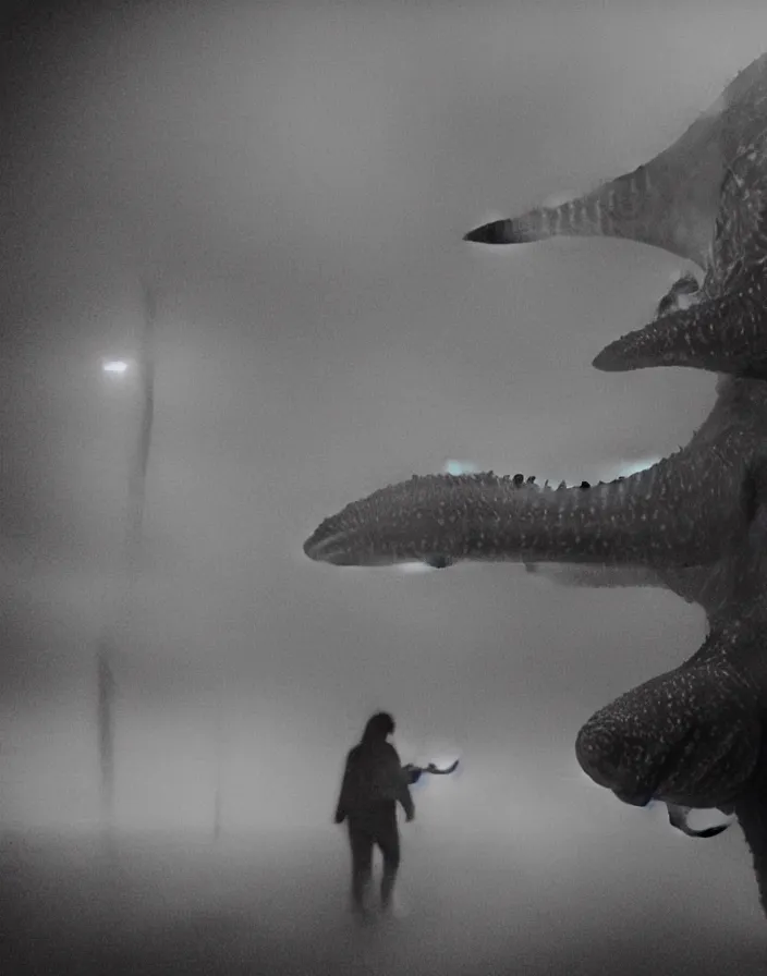 Image similar to very low - resolution found footage of a couple escaping in the city from a starfish kaiju monster, fog, foggy, korean film noir, monochrome, red hue, thriller, underdeveloped, epic, dramatic