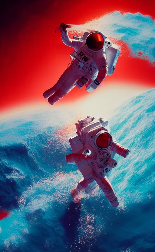 Prompt: astronaut in ocean drowning in red water, high noon, rendered in octane, matte painting sci-fi artwork by syd mead