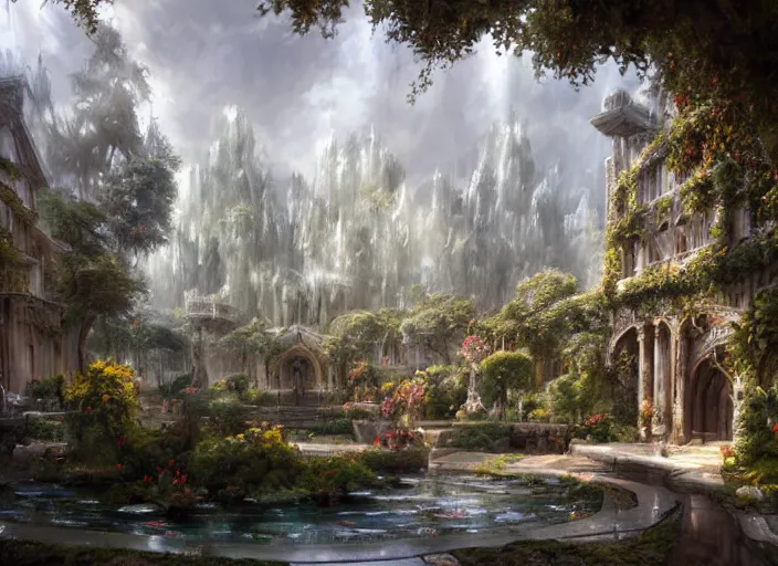 Image similar to a wide open courtyard in a beautiful elven city made of ivory and silver, vivid colors, lush trees, flowers, ponds, fountain, subsurface scattering, volumetric lighting, low angle shot, concept art, fantasy digital painting by James Gurney, by Greg Rutkowski, trending on Artstation, highly detailed