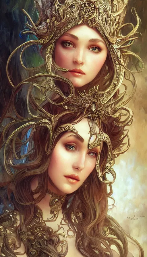 Image similar to a oil painting of a elven queen, cute, fantasy, intricate, elegant, highly detailed, centered, digital painting, artstation, concept art, smooth, sharp focus, illustration, art by artgerm and h r giger and alphonse mucha