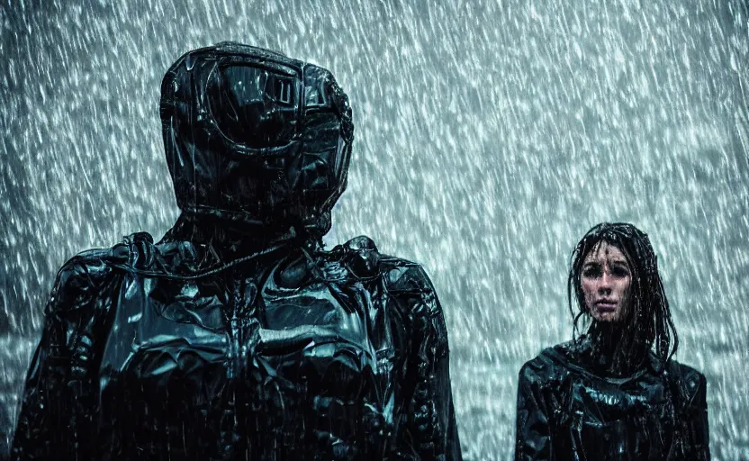 Prompt: cinestill 5 0 d candid photographic portrait by christopher nolan of two loving female androids wearing rugged black mesh techwear in treacherous waters, extreme closeup, modern cyberpunk moody emotional cinematic, pouring rain menacing alien ship lights, 8 k, hd, high resolution, 3 5 mm, f / 3 2, ultra realistic faces, ex machina