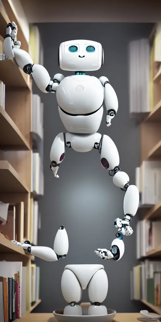 Image similar to Obese Robot who can't reach the top shelf of her cupboard to get her soup, detailed dynamic lighting studio shot