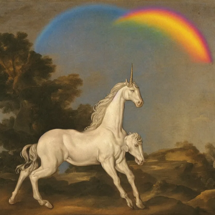 Image similar to A unicorn walking on a rainbow, in the style of Caravaggia