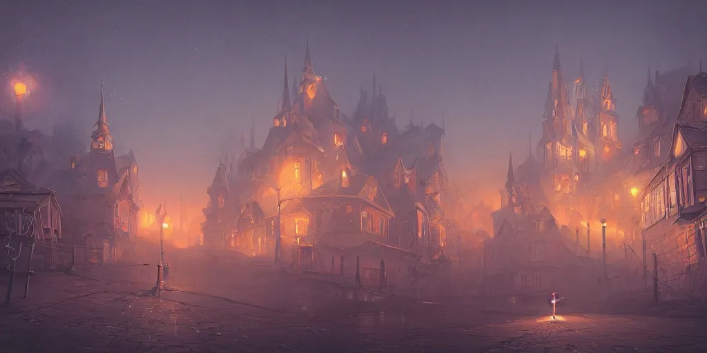 Image similar to illustration of close - up street view of pipe organ town, night, ground fog, by peter mohrbacher, by alex andreev, by jacek yerka, large depth of field, super detailed, digital art, trending on artstation, minimalism
