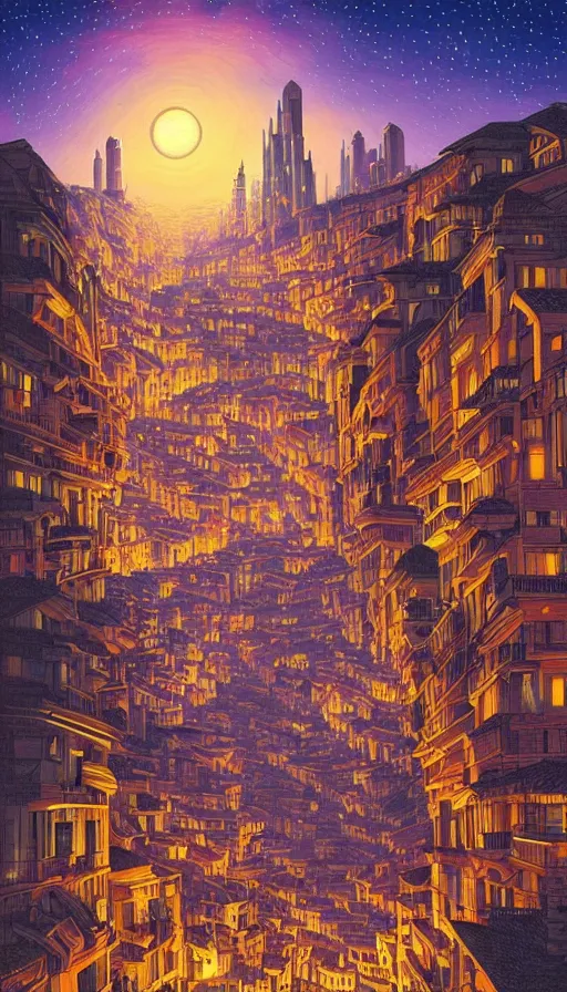 Prompt: The starlit city of wisdom and dreams at sunset, italian futurism, da vinci, Dan Mumford, Josan Gonzalez