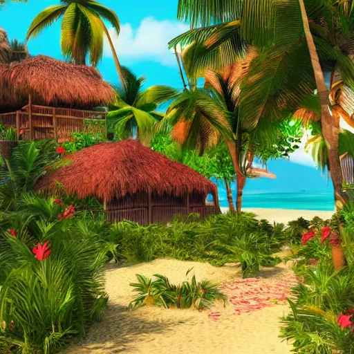 Image similar to a village on a tropical island, very colorful, beach, palms, photorealistic, trending on artstation