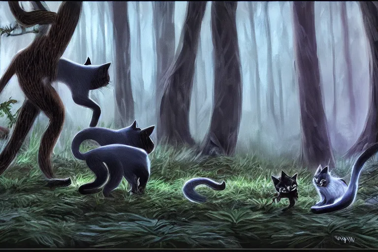 Image similar to two cats fighting in the dark forest, dramatic, backlighting, trending on artstation, digital art, trending on furaffinity, by wayne mcloughlin