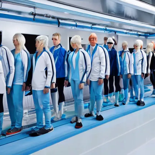 Prompt: group of identical athletic humans with light blue neoprene suits and white hair standing in a line on a conveyor belt, background of advanced futuristic laboratory, sci - fi, highly detailed, hyperrealistic