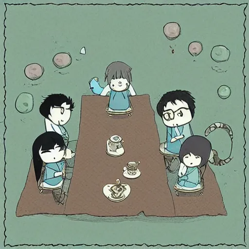 Image similar to tiny imaginary creatures having tea party in a humans beard. in a style of hayao miyazaki.