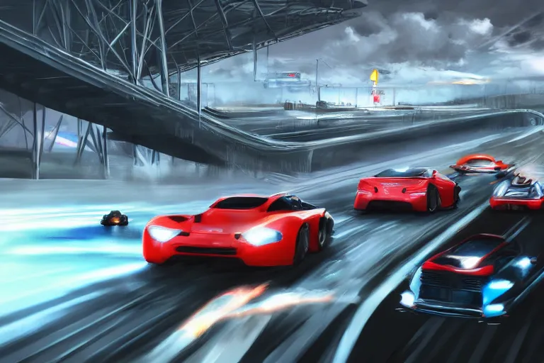 Image similar to modern cars racing on a highway, digital painting, mixed media, trending on artstation and deviantart, epic composition, highly detailed, 8 k