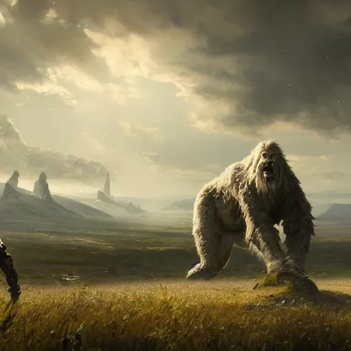 Image similar to enormous creature towering over the plains, volumetric lighting, 8 k octane beautifully detailed render, post - processing, extremely hyper - detailed, intricate, epic composition, cinematic lighting, masterpiece, trending on artstation, detailed detailed detailed, masterpiece, stunning art by anders zorn, wonderful masterpiece by greg rutkowski, beautiful cinematic light,