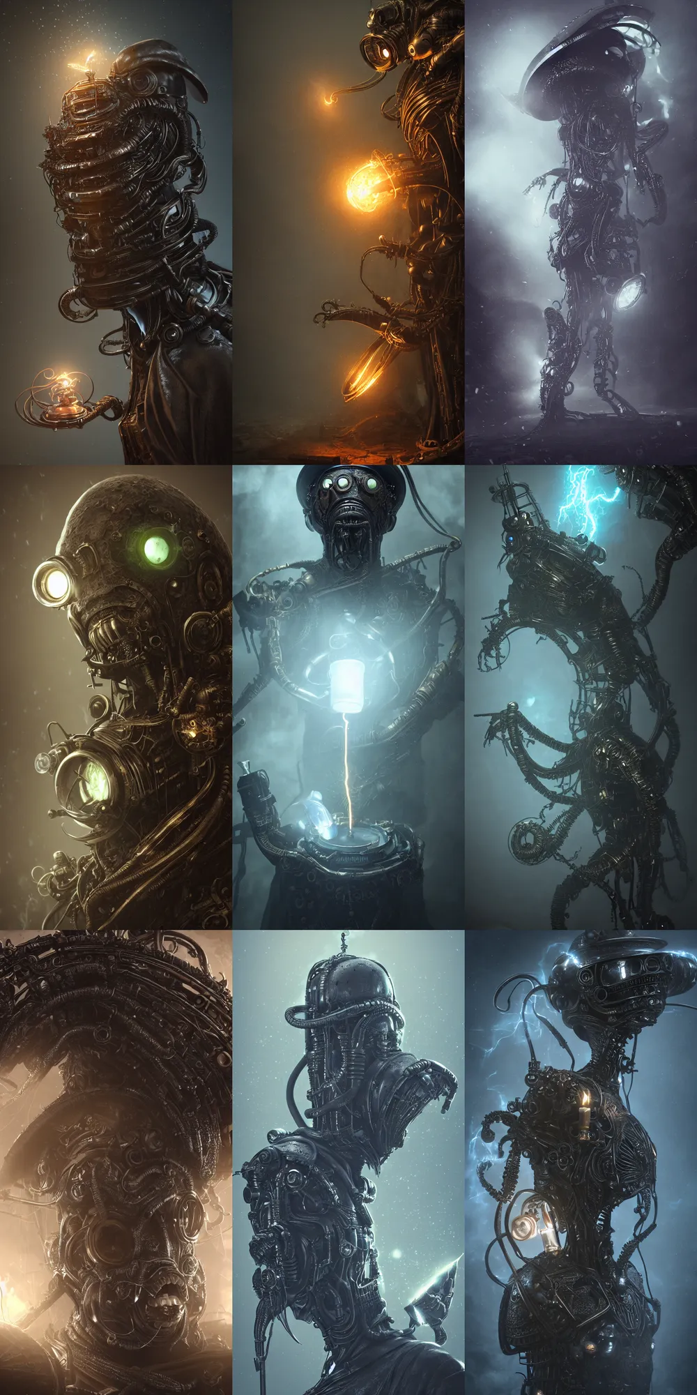 Prompt: steampunk alien plaguedoctor, lightning, intricate detail, volumetric lighting, epic composition, hyper detailed, ultra realistic, sharp focus, octane render, candle, volumetric, ray tracing, artstation trending, cgsociety, sense of awe, swirling mist, 4 k