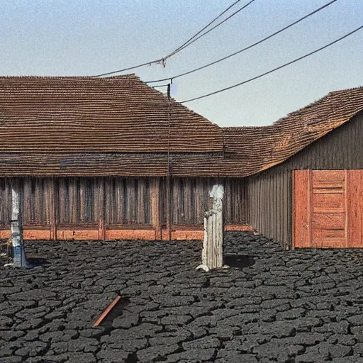 Prompt: painting by peter elson of structures with tile roofs, and peaked wooden roofs, structures blackened to some degree by a patina of soot. structures darkest at the top, where the ash gathered, but rainwaters and evening condensations had carried the stains over ledges and down walls in an uneven gradient.