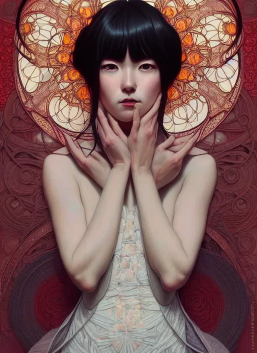 Image similar to symmetry!! portrait of floral! hitomi kisugi psycho, intricate, elegant, highly detailed, digital painting, artstation, concept art, smooth, sharp focus, illustration, art by artgerm and greg rutkowski and alphonse mucha, 8 k