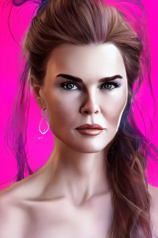 Image similar to portrait of a mix of beautiful young maria shriver, mariel hemmingway, brooke shields, nicole kidman and elle macpherson as a mermaid, thin lips, hair tied up in a pony tail, colorful artstation, cgsociety