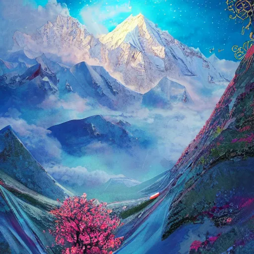 Image similar to omar shanti himalaya tibet, acrilic paint, digital, artstation, detailed intricate ink illustration, heavenly atmosphere, digital art, overdetailed art, concept art, complementing colors, trending on artstation, cgstudio, the most beautiful image ever created, dramatic, subtle, details, award winning artwork, beautiful scenery