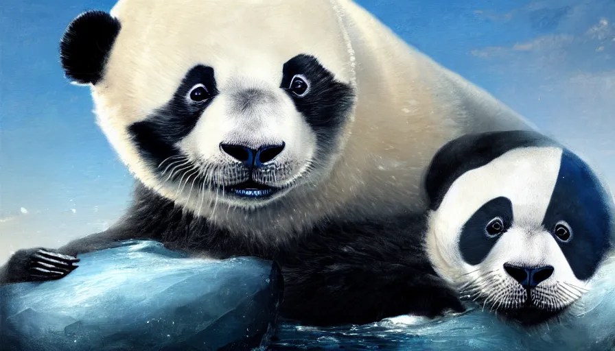 Image similar to highly detailed painting of humanoid creature thats half cute baby white furry seal and half panda on a blue and white iceberg by william turner, by greg rutkowski, by william constable, thick brush strokes and visible paint layers, 4 k resolution