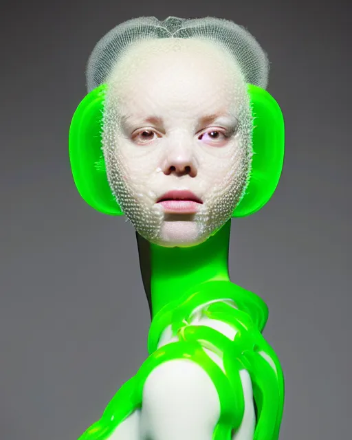 Image similar to portrait of a woman wearing a white embroidered translucent silicone mask and white green frizzy hair buns, wearing a black bodysuit by alexander mcqueen, cream white background, soft diffused light, biotechnology, humanoide robot, bjork aesthetic, translucent, by rineke dijkstra, intricate details, highly detailed, masterpiece,