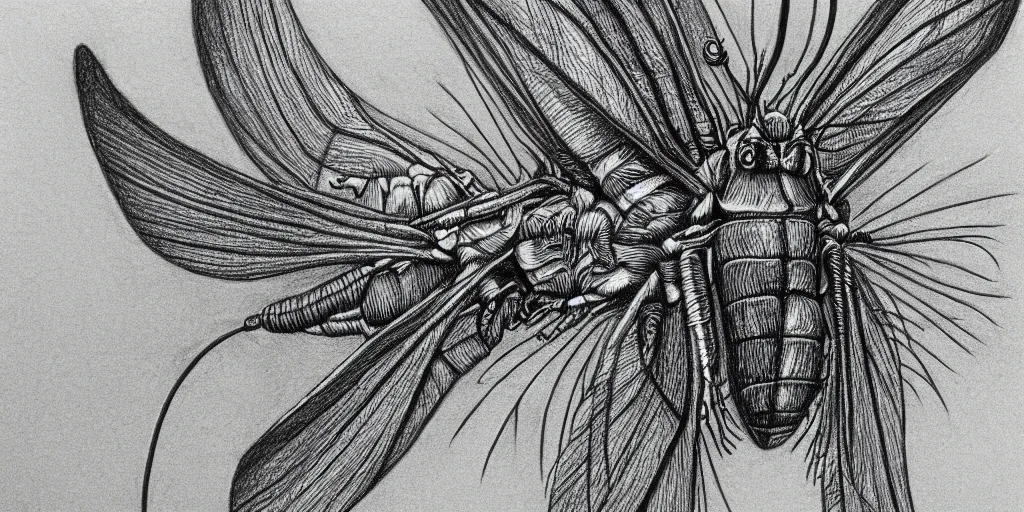 Prompt: pencil drawing of an insect, abstract, surrealism, hyper detail, line art