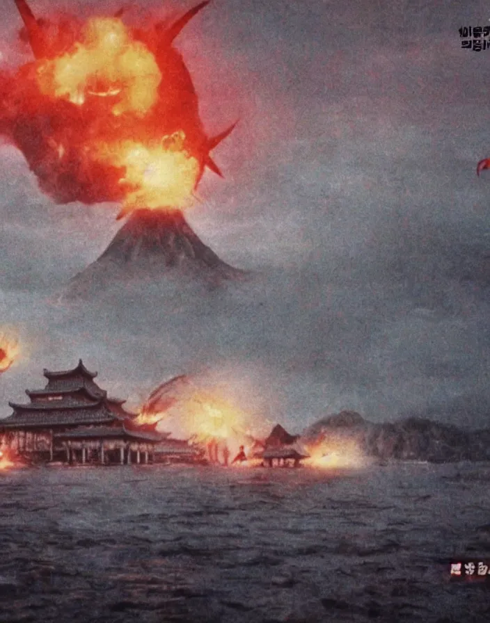 Image similar to a filmstill of a north korean monster movie, kaiju - eiga monster starfish - like trampling a traditional korean palace, foggy, film noir, epic battle, etheral, explosions, thriller, by akira kurosawa and wes anderson video compression