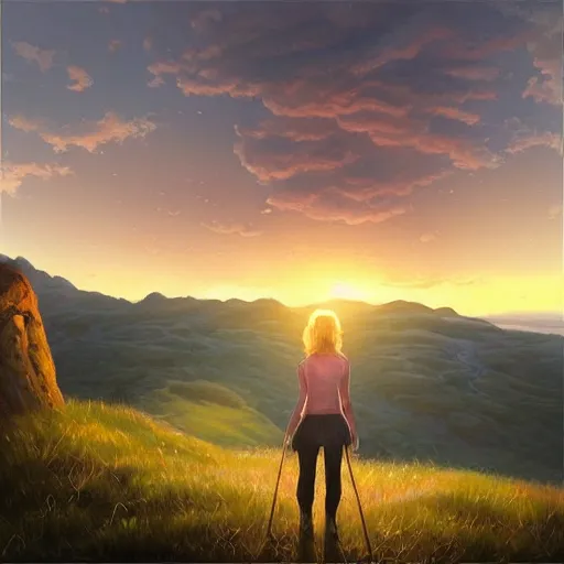 Image similar to “a lonely woman standing at the top of a hill at sunset waiting for someone to return, detailed and realistic 8k HD oil painting, by Tyler edlin”