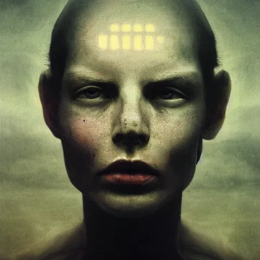 Image similar to dark expressive portrait of the digitally glitched soul, dramatic lighting, god rays, edges, universal background, facial expression, chiaroscuro, atmospheric lighting, motion design, by Beksinski, maze, sharp focus, irridescent, intense knowledge