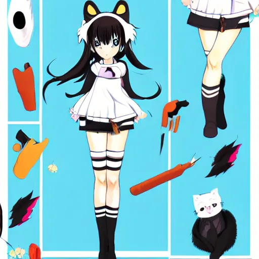 Prompt: Japanese styled anime character design sheet of a shy caucasian short girl with black hair, heterochromia eyes and with cat ears and cat tail wearing a white and blue moon inspired oufit, fishnet stockings, white sneakers, white earrings and a black nose ring, trending on artstation