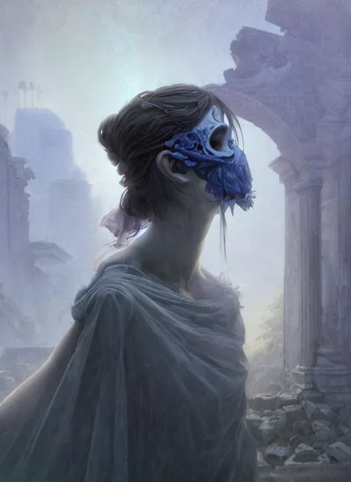 Image similar to close up of a veiled half scull mask girl on the ruins temple, looking at the camera very curiously, smog on the floor, extremely beautiful and aesthetic and attractive detailed face and body, chiaroscuro, dynamic pose, fantasy illustrations, by makoto shinkai and jeremy lipking and ferdinand knab