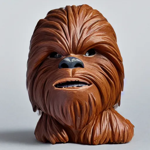 Prompt: terracotta figurine of Chewbacca’s head sitting on a table