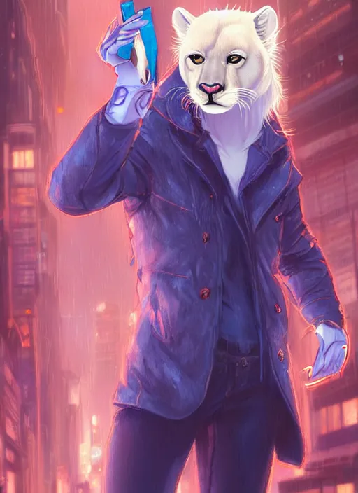 Image similar to award winning beautiful portrait commission of a male furry anthro albino mountain lion fursona with a tail and a cute beautiful attractive detailed furry face wearing stylish blue and orange rockstar clothes in a cyberpunk city at night while it rains. Character design by charlie bowater, ross tran, artgerm, and makoto shinkai, detailed, inked, western comic book art