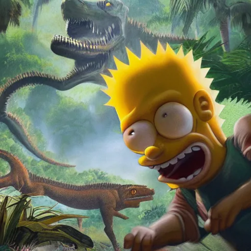 Prompt: concept art painting of bart simpson in jurassic park, by james gurney and greg rutkowski 2