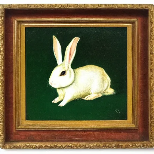 Prompt: a rabbit wearing a green cape, victorian painting