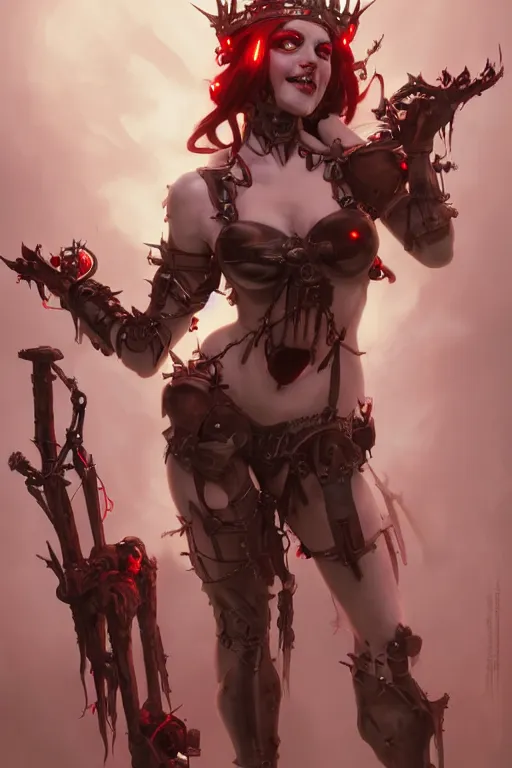 Image similar to Portrait of beautiful pale laughing cyborg succubus maiden in bikini armor with crown of thorns and glowing red eyes, steampunc, Warhammer 40000, digital art from artstation by Ruan Jia and Mandy Jurgens and Artgerm and william-adolphe bouguereau