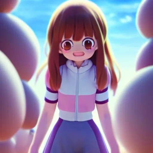 Image similar to A photorealistic portrait of Ochako Uraraka, a cute 3d cgi toon young woman, in the center midground, medium shot, mid-shot, hyperdetailed, 8k, trending on artstation, as a Pixar character