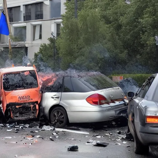 Prompt: russian car crash at major intersection with oxygen tanker exploding