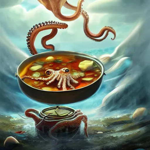 Image similar to octopus cooking soup among clouds fantasy illustration, trending on artstation, deviantart, very realistic, 4k