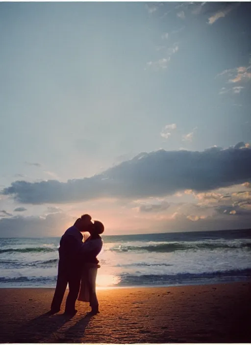 Prompt: A hyper realistic and detailed photography of a couple kissing from movie Here to Eternity on beach. by David Dubnitskiy. Cinematic. Golden Hour. Kodak Portra 400. Lens flare. 35mm lens
