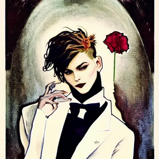 Image similar to beautiful portrait of androgynous ruby rose as desire from sandman in a white tuxedo!!!, rockabilly style,, by alphonse mucha, by jeremy mann, by peter lindbergh, cedric peyravernay, by frank moth, white suit and black tie, soft lightning, high detailed, 8 k