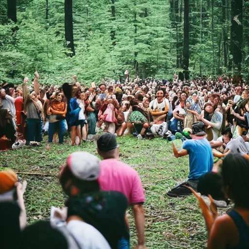 Image similar to a crowd of diverse people worshipping a slice of pizza on an altar during a solar eclipse in a clearing of a forest, 35mm