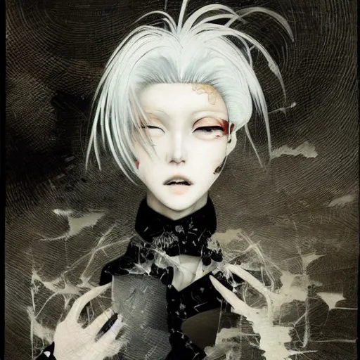 Prompt: Yoshitaka Amano realistic illustration of an anime girl with white hair and cracks on her face wearing dress suit with tie, abstract black and white patterns on the background, noisy film grain effect, highly detailed, Renaissance oil painting