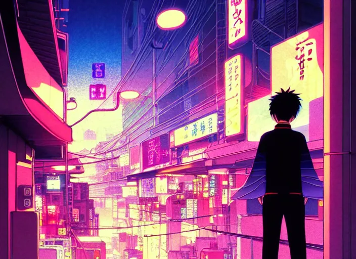 Image similar to editorial illustration colorful, anime city scene at night, katsuhiro otomo ilya kuvshinov, fine texture, realistic shading, ghost in the shell, fine details, matte colors, perfect face, dramatic lighting, dynamic composition, moody, vivid, volumetric, stippled lighting, big and cute eyes, cinematic, trending on artstation, kentaro miura