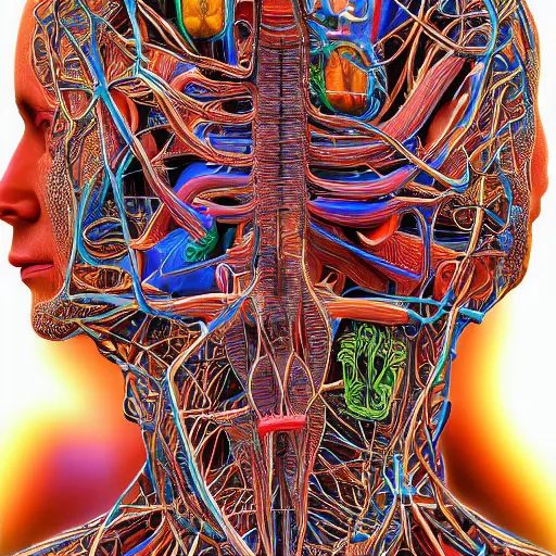 Prompt: the anatomy of a human/computer system by Alex Grey, highly detailed, aesthetic, 8K