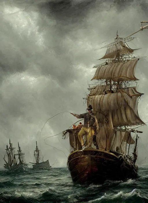 Image similar to mid shot portrait of a male pirate with two peglegs and two hook hands in foreground, fat obese pirate with beard, steering the rudder wheel of a wooden galleon tall ship of the line through a rain and lightning storm. view from on deck, sails masts rigging ropes pulleys, detailed dynamic light painting by peter mohrbacher