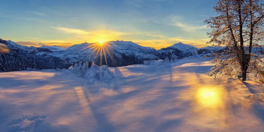 Image similar to a beautiful landscape, sun rises between two snowy mountains, art by phillipp urlich