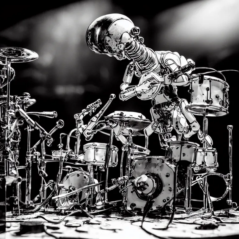 Prompt: a beautiful electronic concert photo shot of a couple of threea toys figurines by ashley wood, octopus robots playing drums and fender telecaster guitar, black background, concert light, dark mood, warm lights