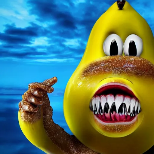 Image similar to a banana with human teeth and eyes, visible skin pores, the banana is sweating, highly detailed, highly realistic, uncanny.