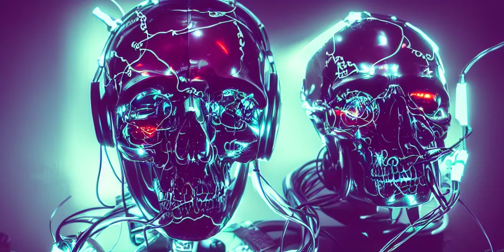 Prompt: a photorealistic cyberpunk skull, wearing headphones, bundles of electronic wires and cables coming out of its mouth, its eyes lighting up with LED lights, on stage at a party, vaporwave, scifi, trending on artstation, 4K, cinematic, epic lighting effects, strobe and laser lights, UHD, HDR